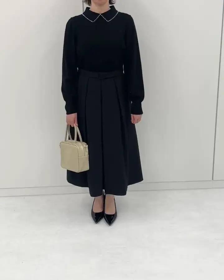 パール調ビーズ衿付きハイゲージニット/洗える(ニット・セーター