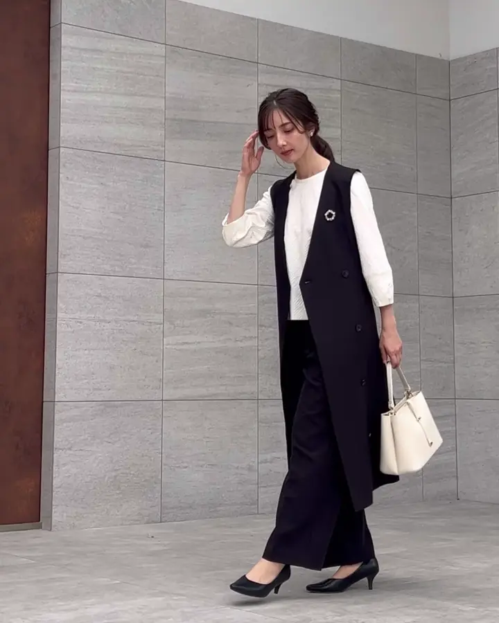 洗える/ストレッチ/セットアップ対応】ダブルクロスロングジレ