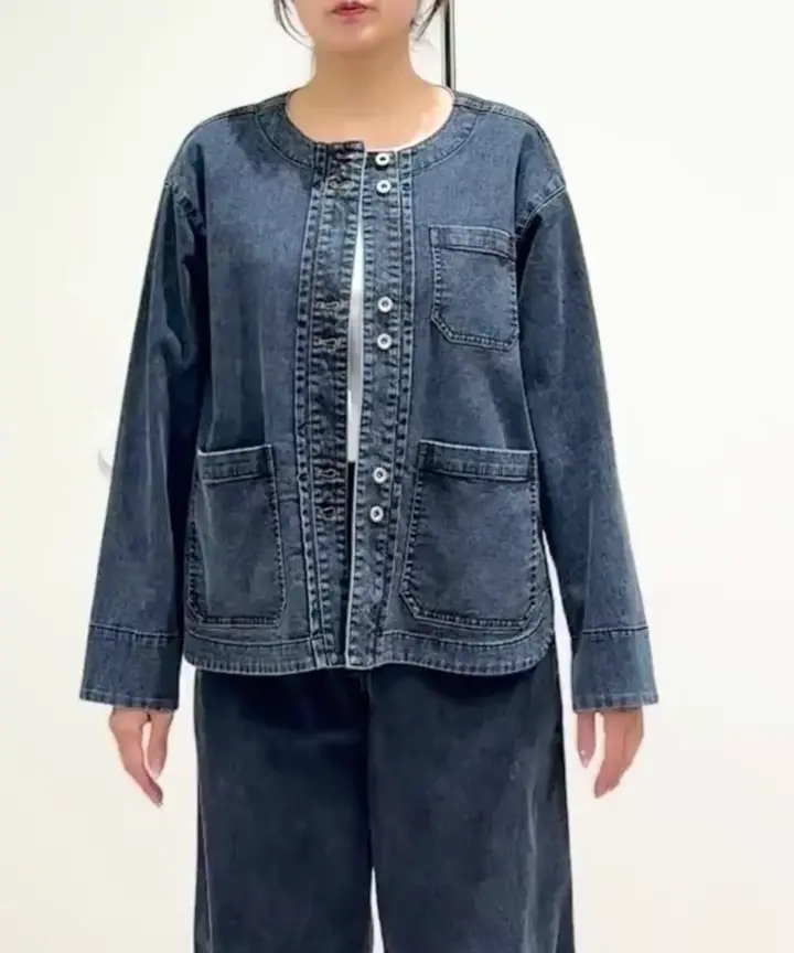 セットアップ対応]ノーカラージャージーデニムジャケット(ノーカラー