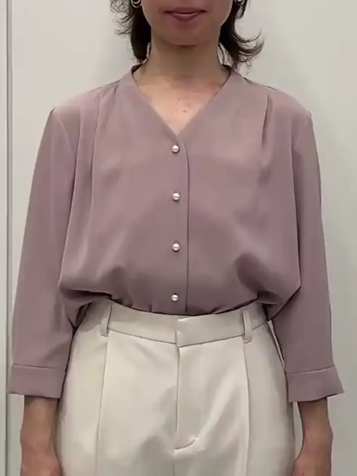 サテンジョーゼットVネックブラウス/接触冷感/UVカット/洗える/WEB限定