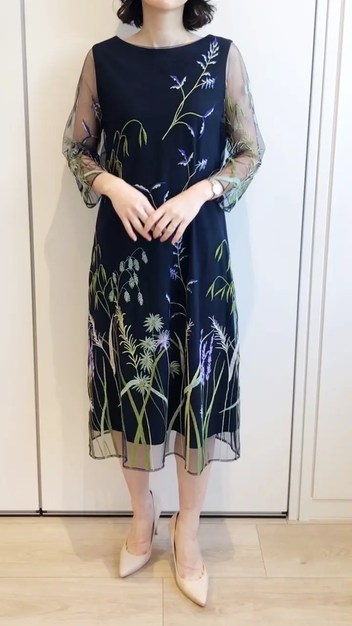 リーフ刺繍チュールドレス(7分袖)(ドレス) | Sybilla(シビラ