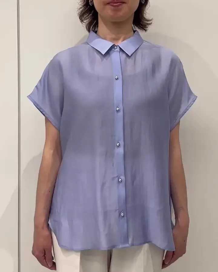 メタル釦シアーフレンチスリーブブラウス/接触冷感/洗える/WEB限定