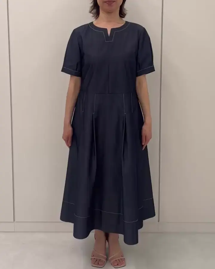 配色ステッチ デニムライクワンピース/洗濯機で洗える/WEB限定サイズ