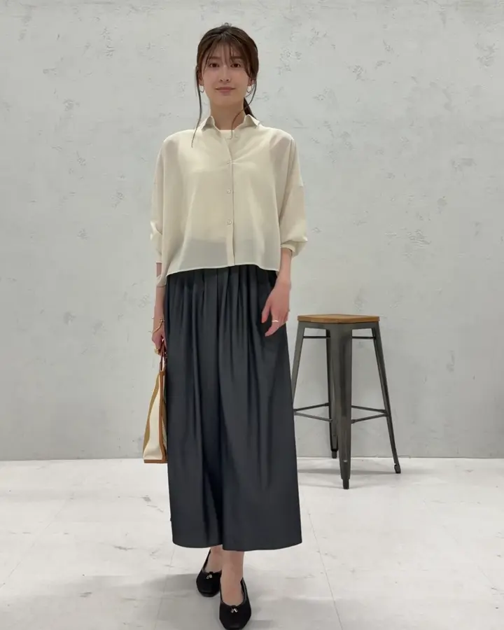 洗える/接触冷感】クロップド丈セミシアーシャツ(ブラウス・シャツ