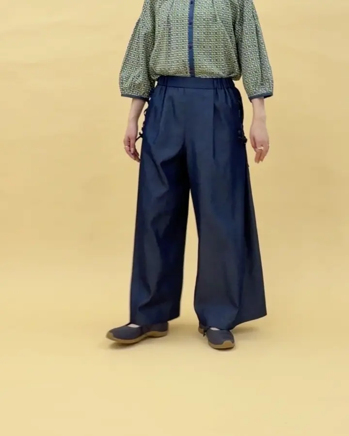 Flor デニム 刺繍入りレースアップワイドパンツ(ガウチョ・ワイド