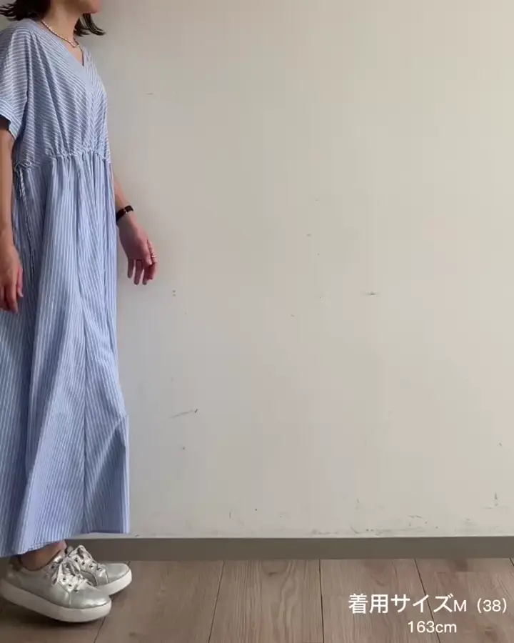 接触冷感/透湿性/洗える]ストライプ柄V開きワンピース(ワンピース