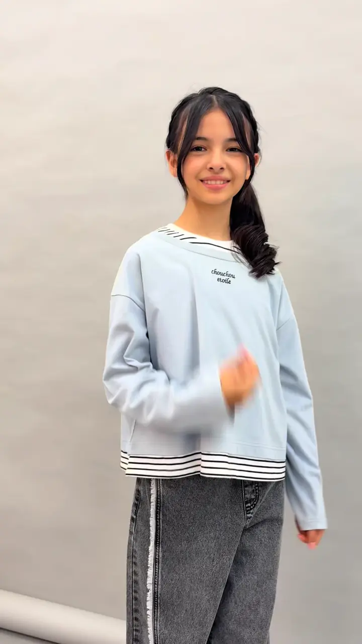 140-160]ボーダーレイヤード風ロングTシャツ(カットソー・Tシャツ