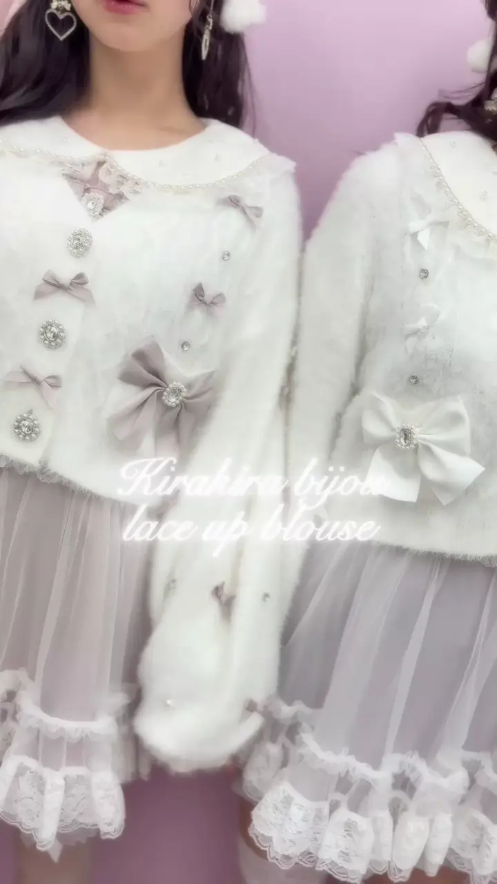 メニーリボンビジューふわふわシャギーカーデ（カーディガン｜オフ