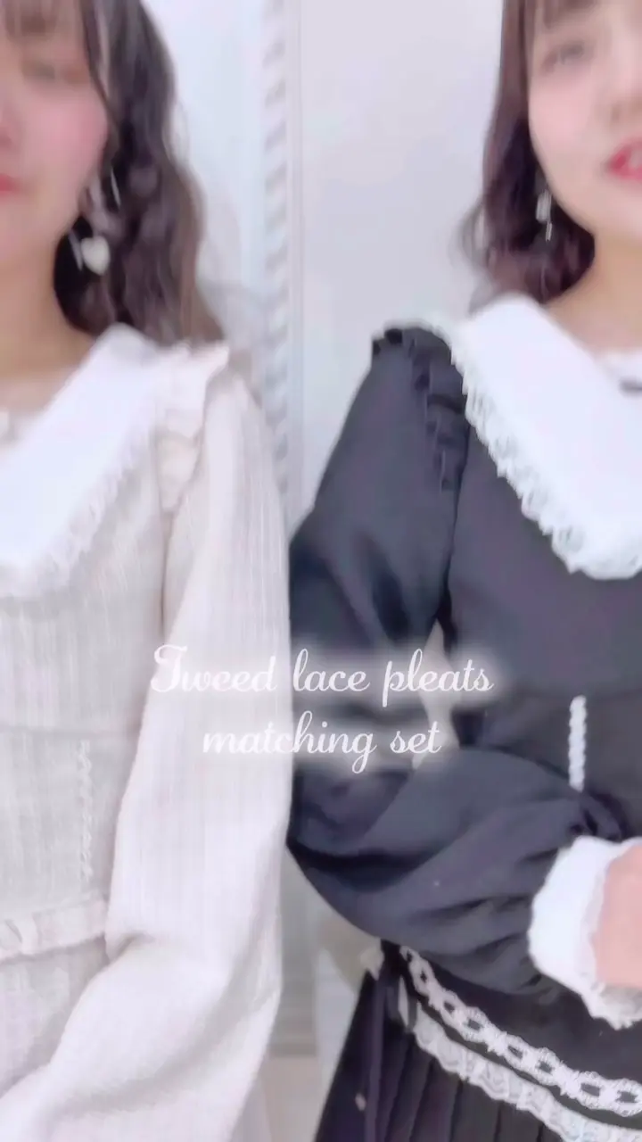 ツイードレースサイドリボンプリーツセットアップ（セットアップ｜黒