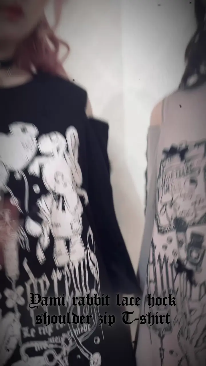 病みうさレースホック肩ジップTシャツ（カットソー・Tシャツ｜黒