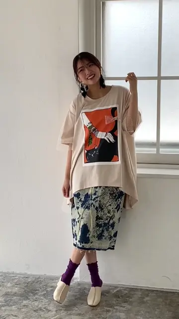 152630：ネコ撫でプリント×ドットチュール重ねチュニックの通販