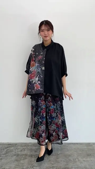 552221：雅結×iS ScoLarコラボ 和風花柄シフォン重ねパンツの