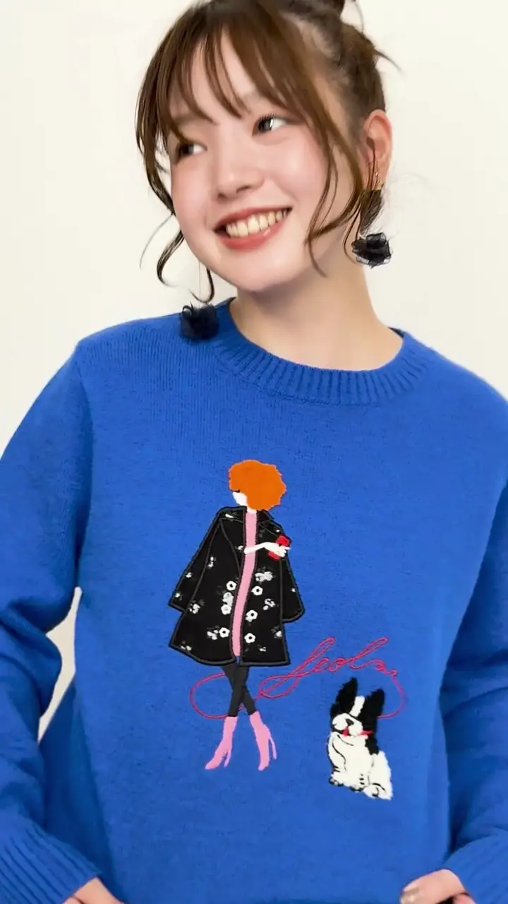 ちゃりんこ様オーダー 153638：女の子とワンちゃん刺繍アップリケ ニットプルオーバー