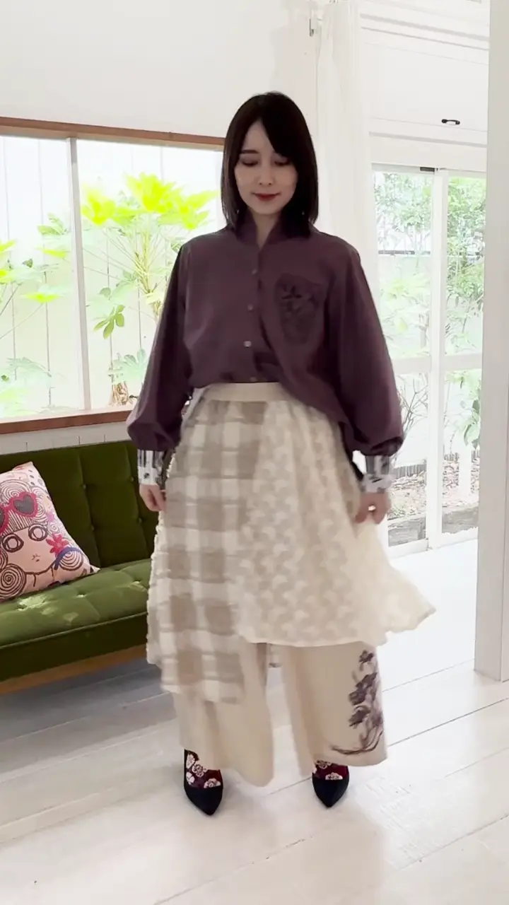 553230：レース×チェック柄 異素材切替パンツの通販-ScoLar