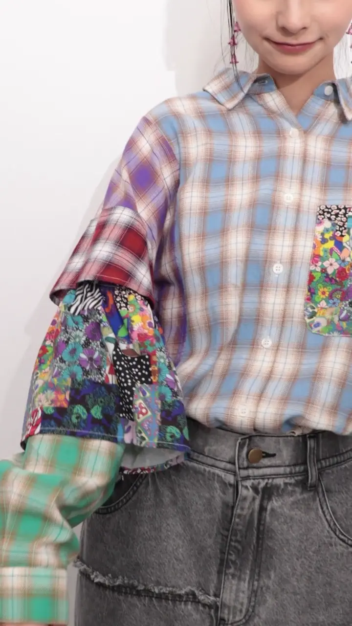 153687：チェックと総柄のアシメパッチワークシャツの通販-ScoLar