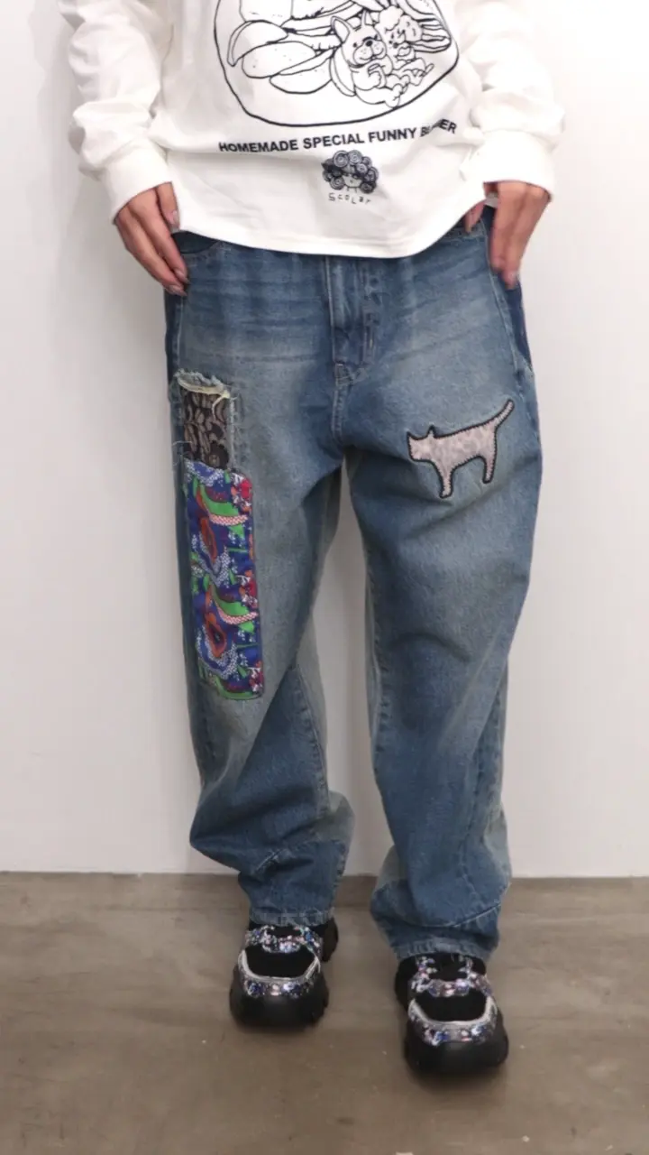 153672：綿×レース異素材アップリケデニムパンツの通販-ScoLar