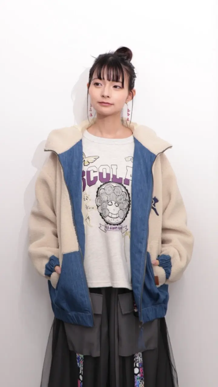 153674：ネコ刺繍ボア×デニム異素材切替ブルゾンの通販-ScoLar