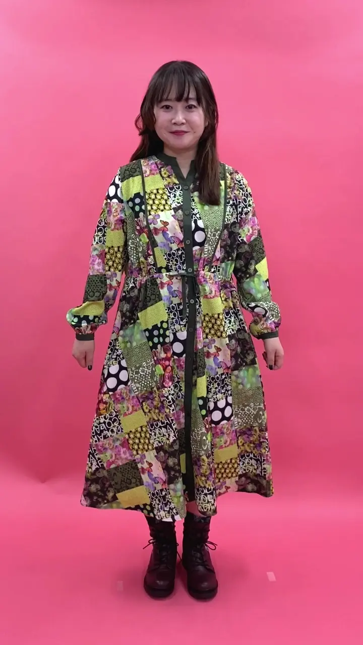 153676：パッチワーク風総柄ドロスト前開きワンピースの通販-ScoLar