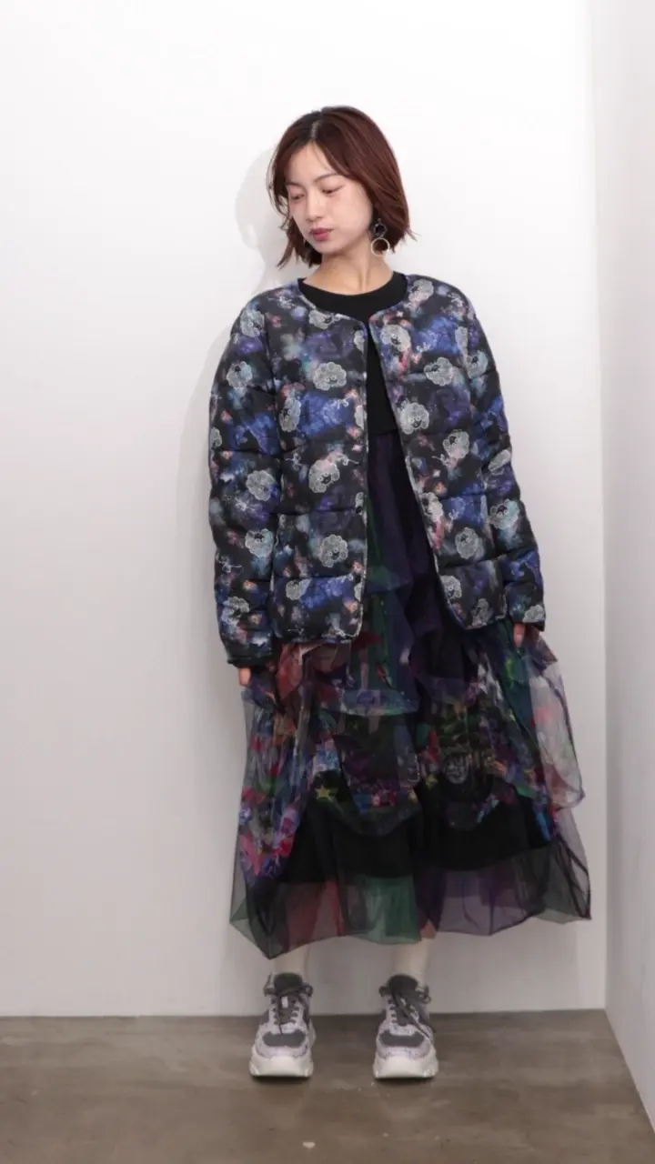 153678：2柄展開タック入りチュールバルーンワンピースの通販-ScoLar