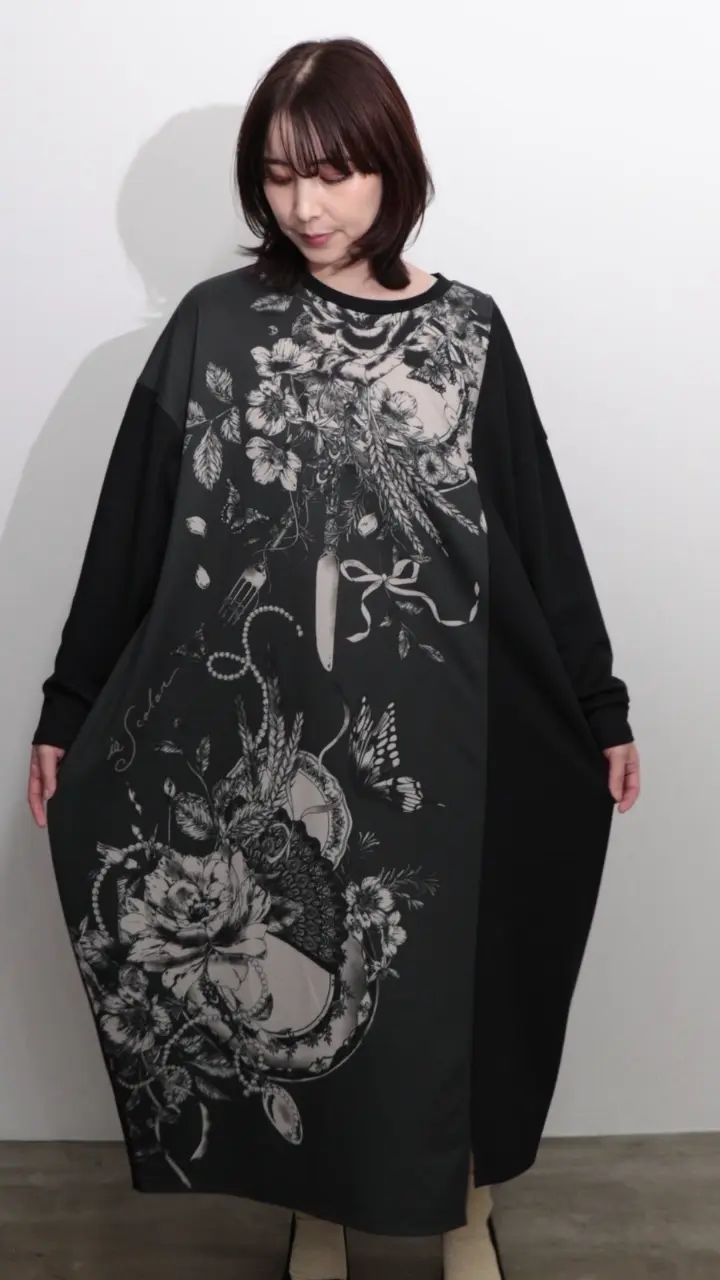 553268：花柄×無地バイカラー裏毛ワンピースの通販-ScoLar