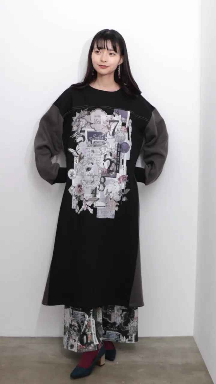 553287：コラージュ柄裏起毛ワンピースの通販-ScoLar