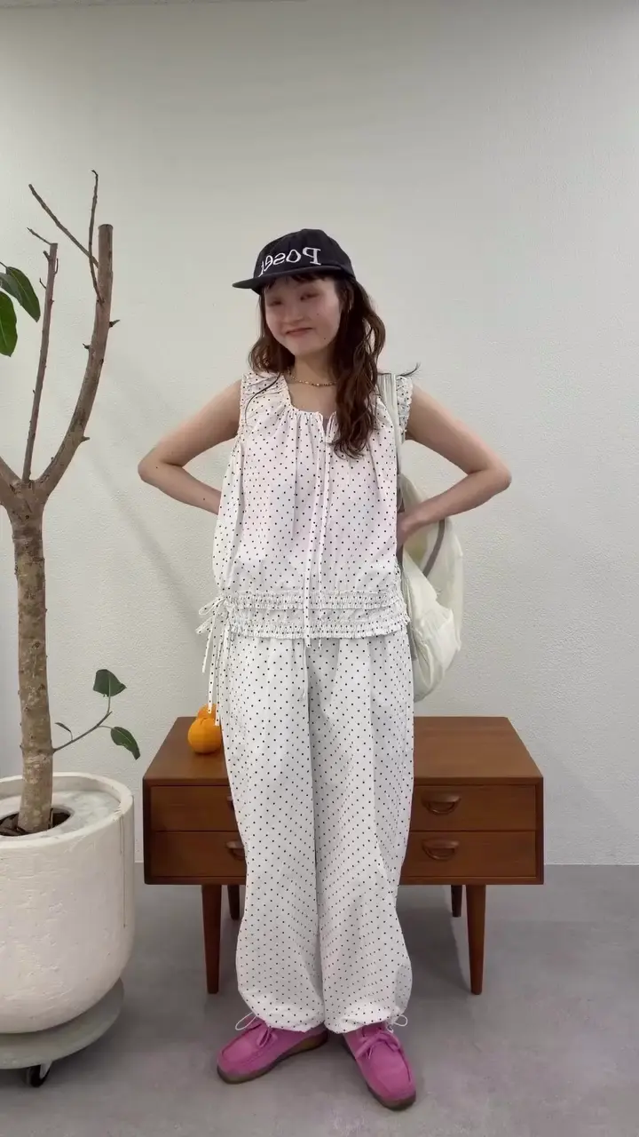 セットアップ対応/ドット/無地】フリルギャザーノースリブラウス 夏服