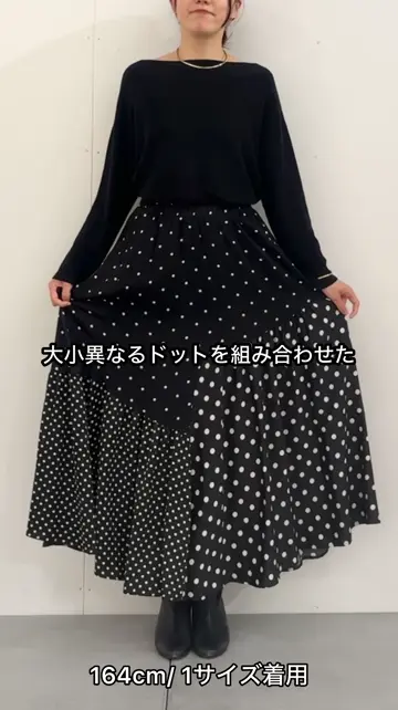 ビアズリードットバッチワークスカートウエスト総ゴムsize大きめ BEARDSLEY スカート ドットパッチワークロングスカート