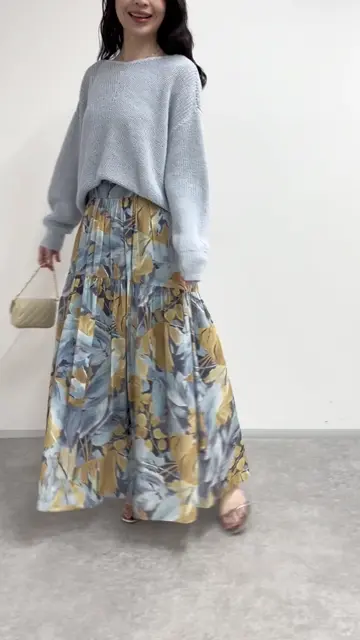 お上品見え】リーフプリントティアードロングスカート | La