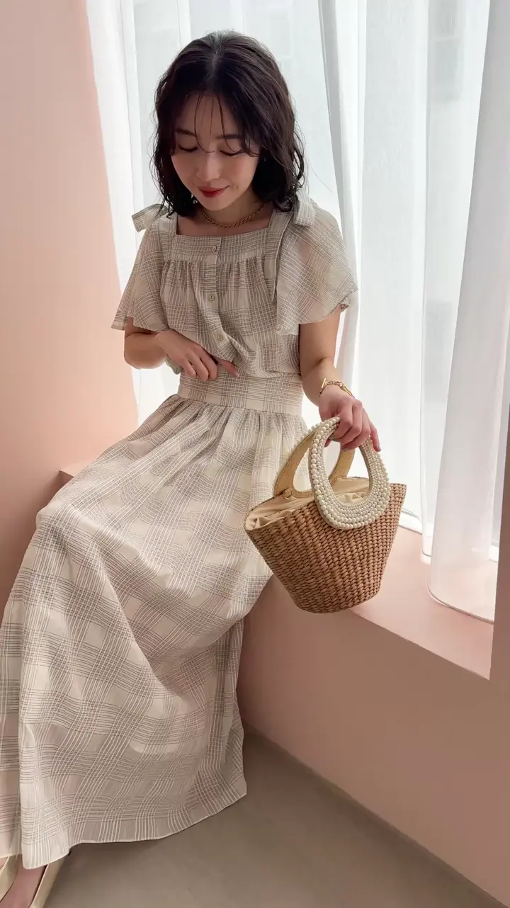 セットアップ可・清涼感・お上品】シアーチェックギャザーロング