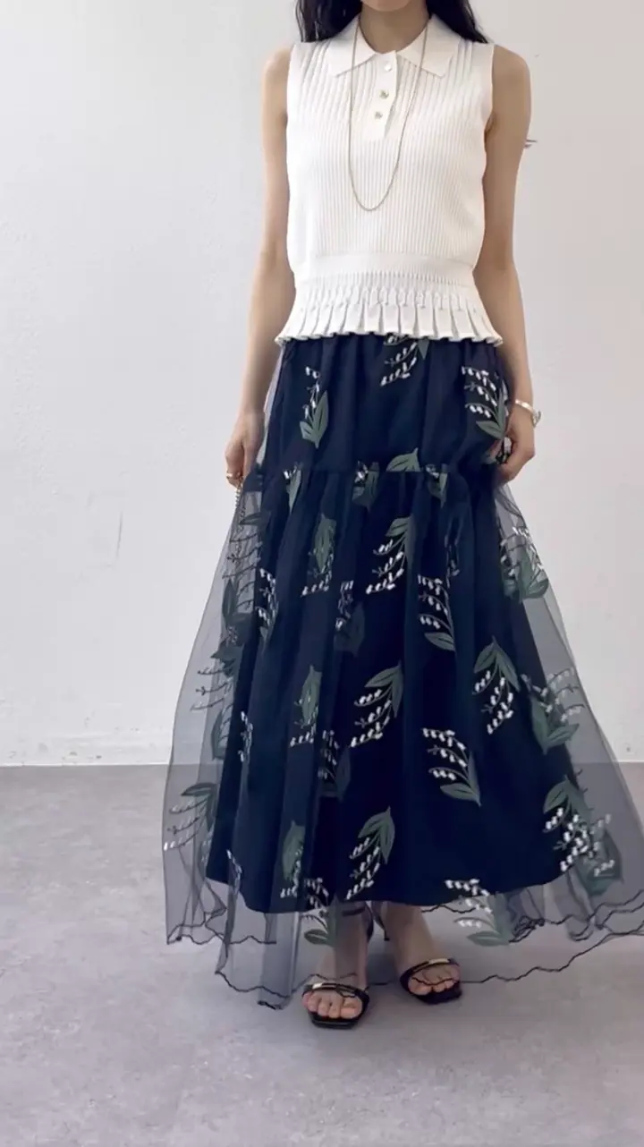 【未使用】HOUSE OF LOTUS ナイロンタスランティアードスカート 今すぐお届け・他にはない豪華映え】スズラン刺繍チュールティアード