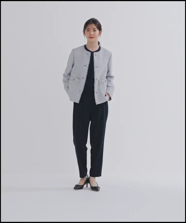 セオリー　2022年　ツイードノーカラージャケット　コットン　リネン　フリンジ LOEFF｜フリンジ ツイード ノーカラー ジャケット 8825-299-0100-tr