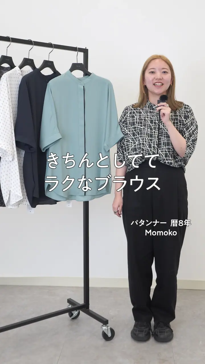 ICB L 【新色追加・WEB限定カラーあり】BackSatinAmunzen 5分袖バンドカラーブラウス 