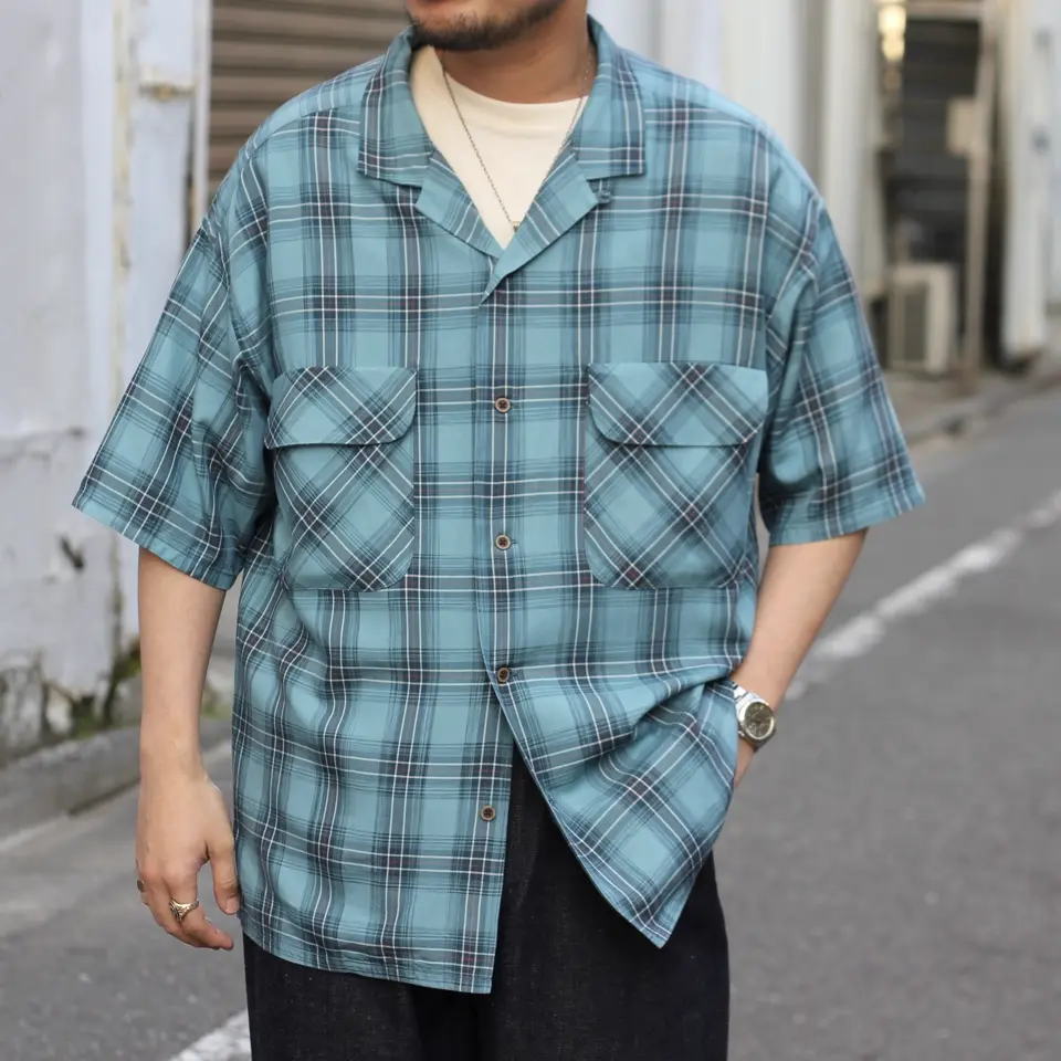夏に向けた最適な半袖シャツ》OPEN COLLAR SHIRT RAYON CHECK
