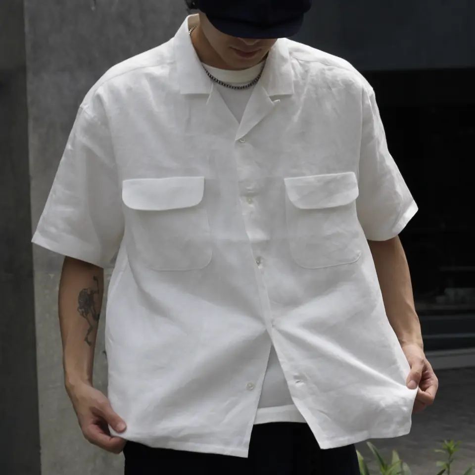 ナイジェルケーボン　オープンカラーシャツ ナイジェルケーボンのオープンカラーシャツ》OPEN COLLAR SHIRT LINEN