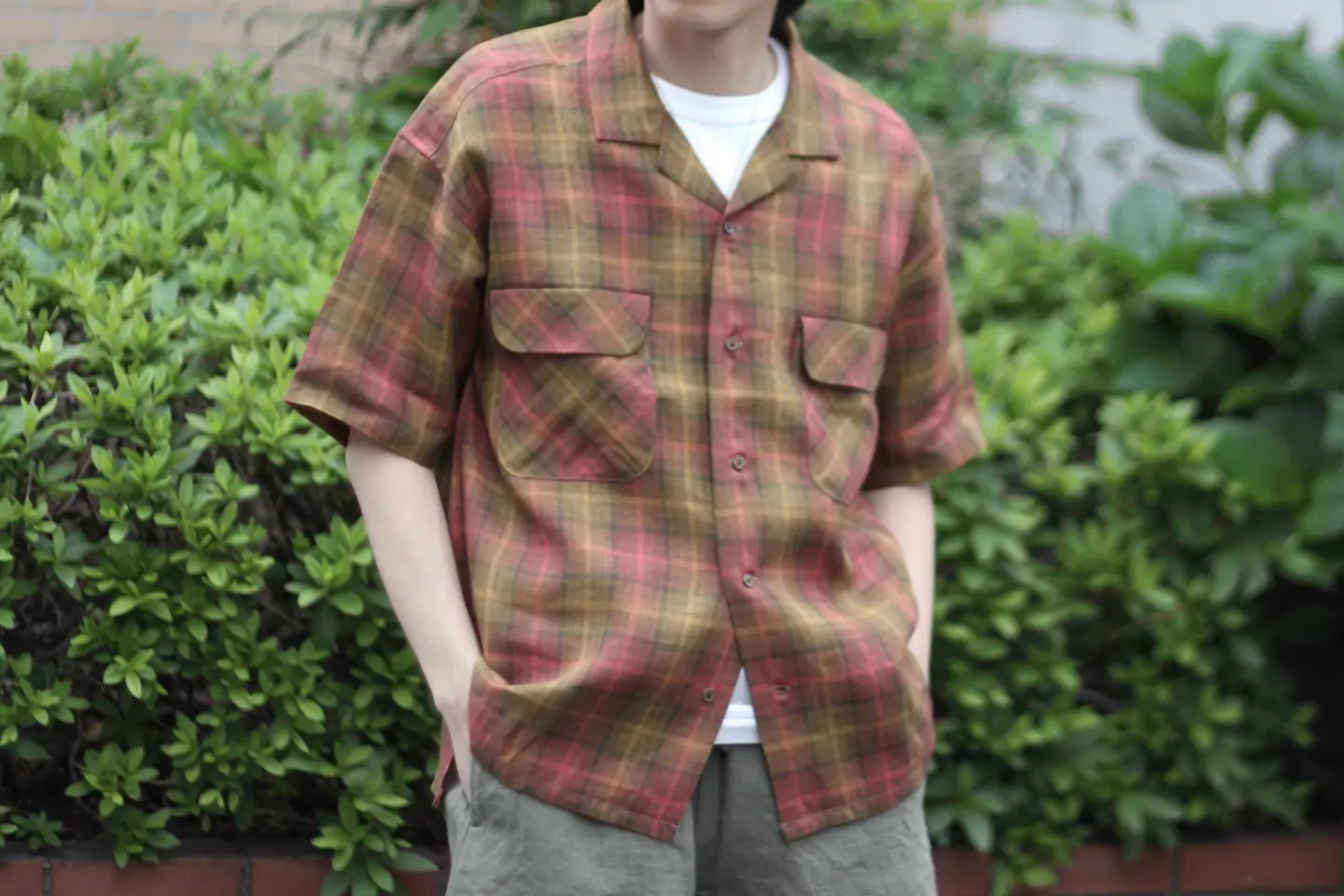 ラフに羽織れる大人のシャツ》OPEN COLLAR SHIRT - HEMP CHECK