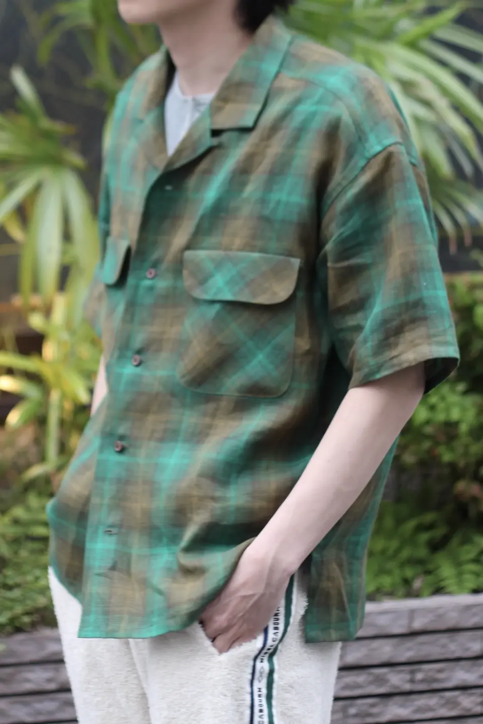 ラフに羽織れる大人のシャツ》OPEN COLLAR SHIRT - HEMP CHECK
