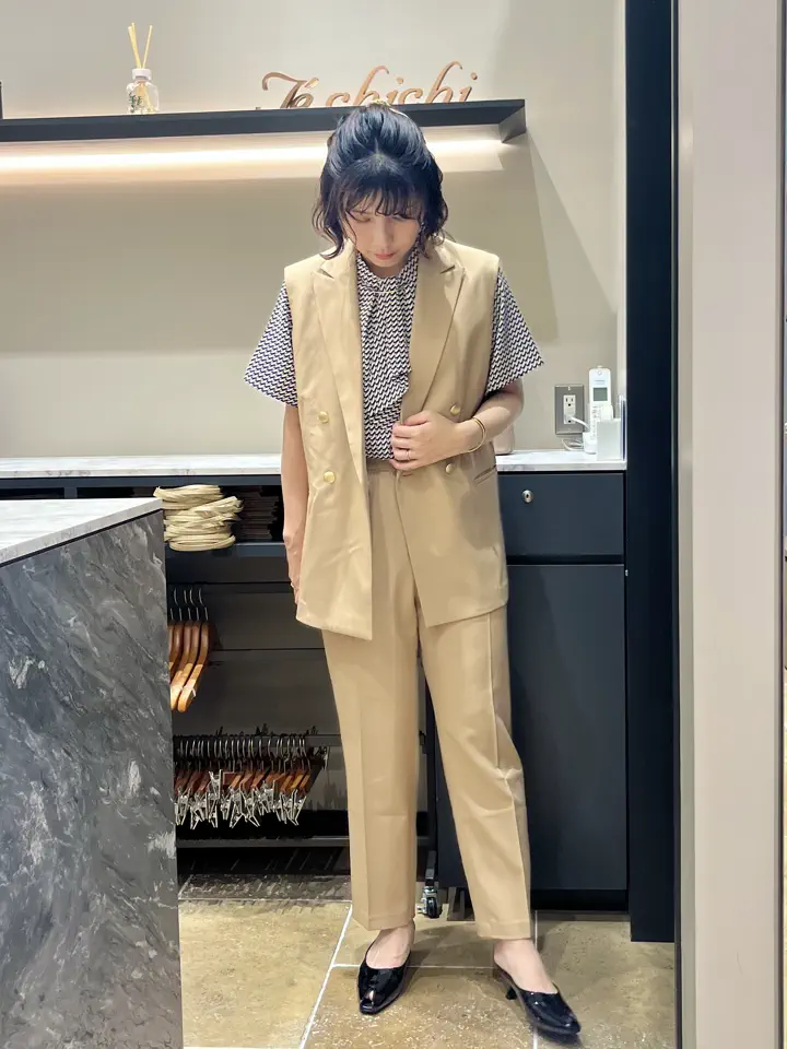 セール】 リネンライクダブルブレストジレ(セットアップ可)（ベージュ