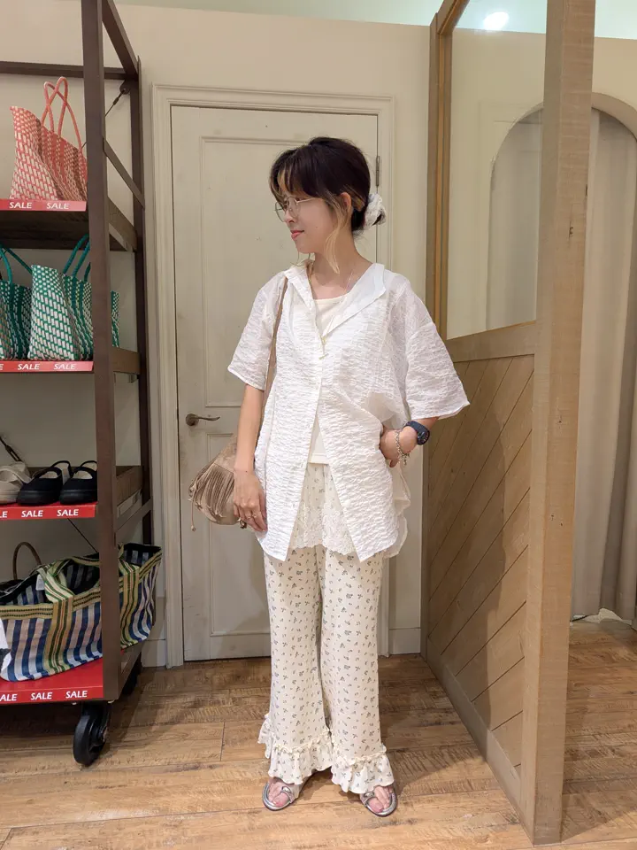セール】 【接触冷感】綿Pu混ゆるチュニック（オフホワイト/グリーン
