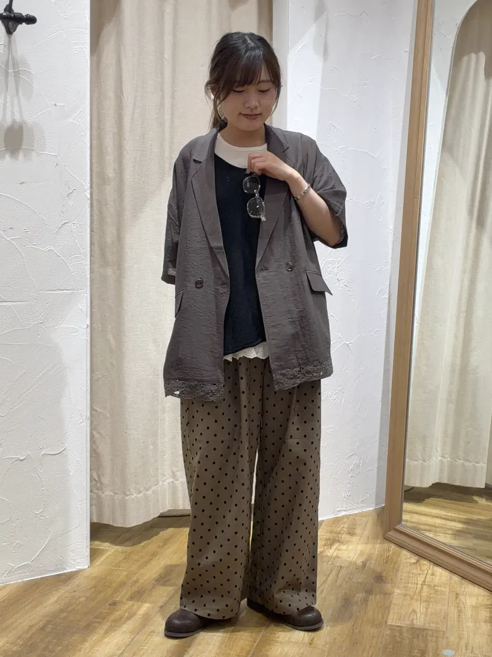 セール】 裾レース5分袖ダブルジャケット（ベージュ/ブラウン/キナリ