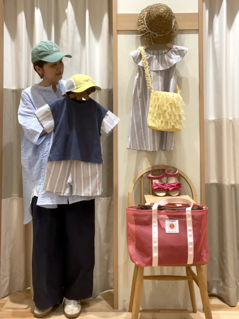 140・150】ストライプハーフパンツ（レッド/ミント/ボトムス/パンツ