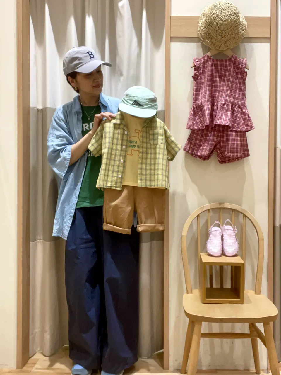 セール】 【140・150】チェック開襟シャツ(セットアップ可)（レッド