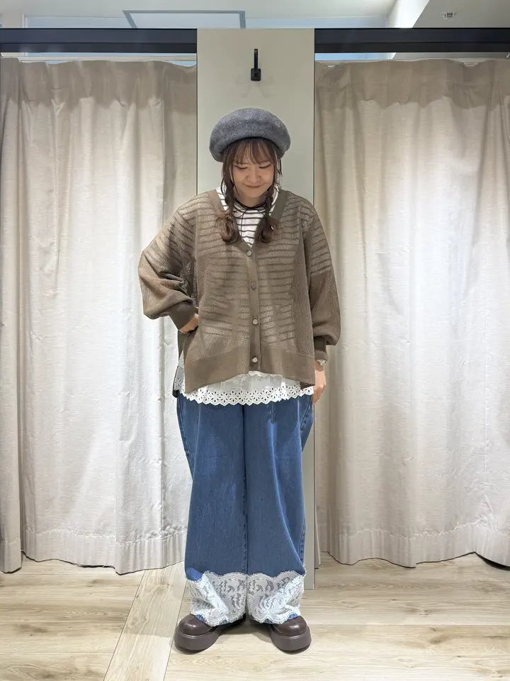 セール】 メッシュ編みメタル釦カーディガン（ブラック/ベージュ