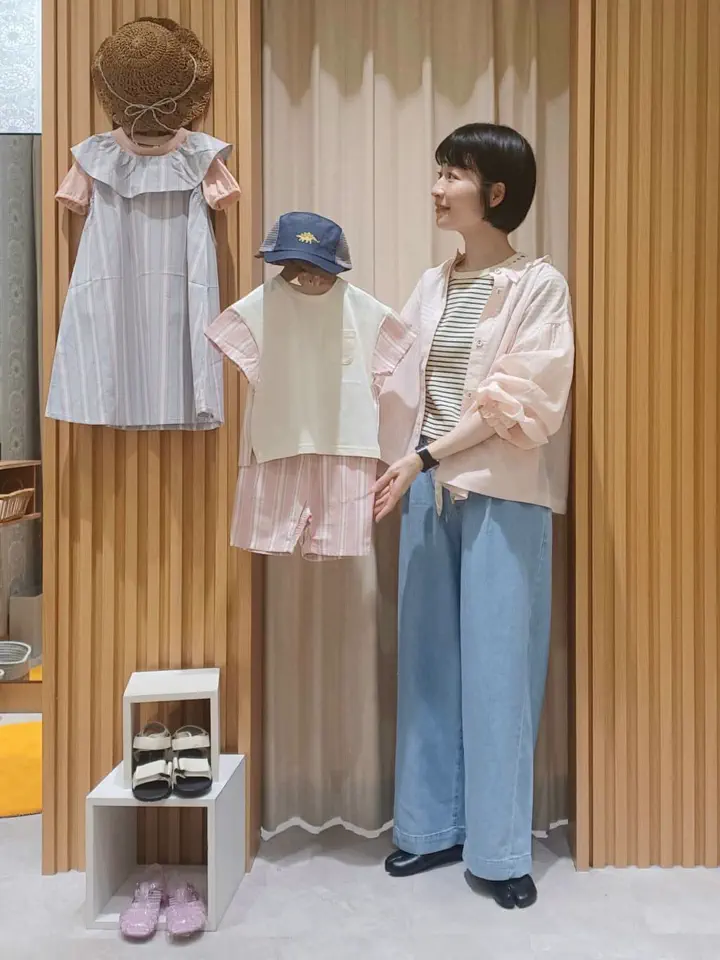 140・150】ストライプハーフパンツ（レッド/ミント/ボトムス/パンツ