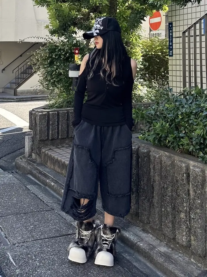 受注制【Bizarre Maiden】damage wide half denim pants – PRESSING