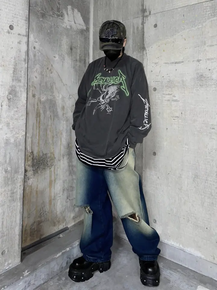 受注制【Never mind the XU】stripe damage long sleeve tee