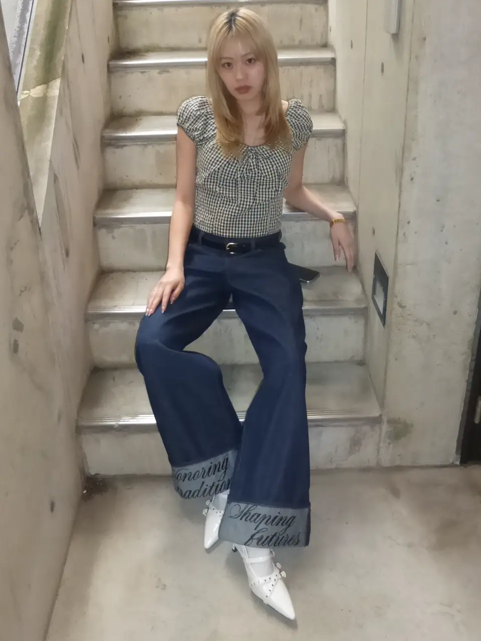 Missguided★関送込ベルトウエストワイドレッグデニム(青) ワイドストレートH/Wターンバッグデニムパンツ|ACLENT