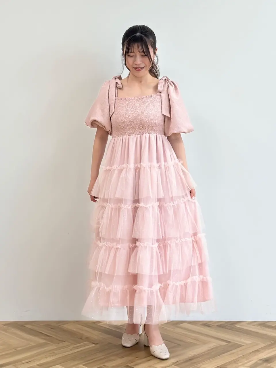 ジャガードパフスリーブチュールワンピース/Areeam（アリーム）の