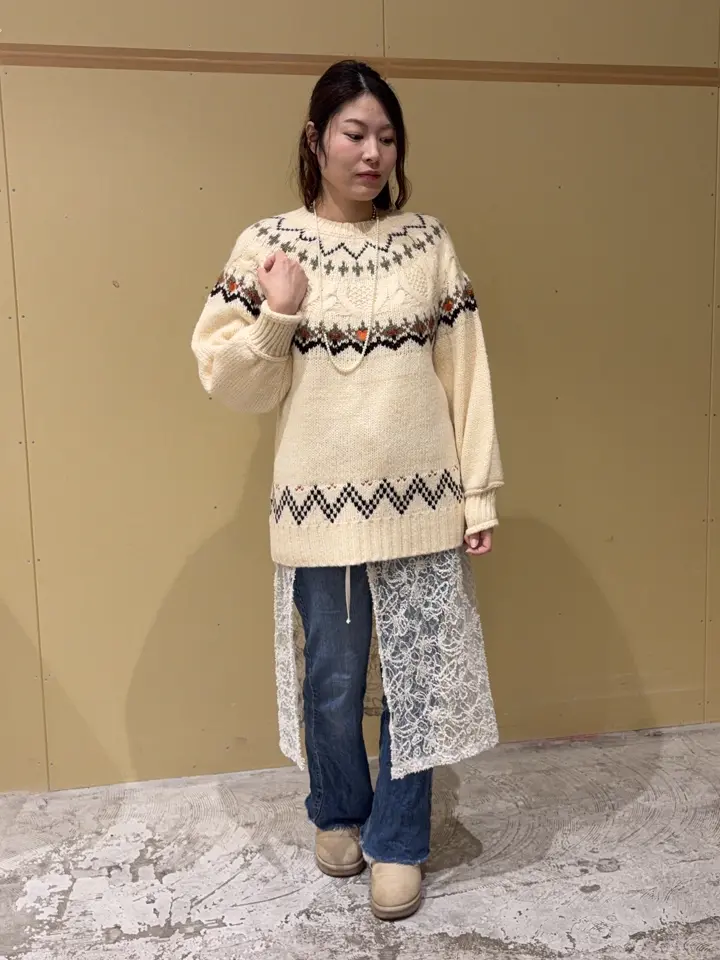 タグ付き未使用 プランテーション 刺繍入り コットンニットソー チュニック 紺 Disney/ミッキー刺繍ノルディックニットチュニック/earth
