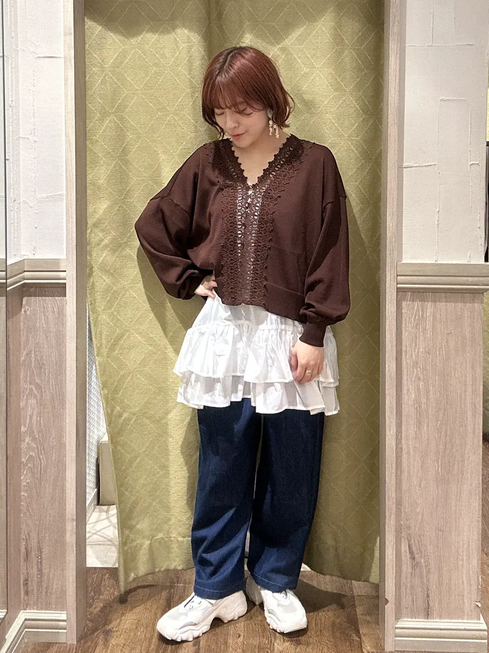 【希少】THRAW スロウ 配色ステッチ アシンメトリー カーディガン 接触冷感・UVカット】レーストリムシアーニットカーディガン/earth