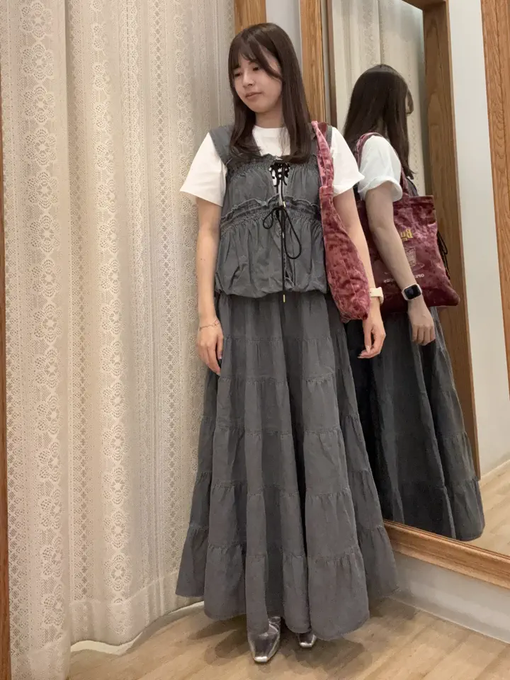 新品タグ付 スコットクラブ デニム切替ティアードスカート 刺繍 ロング M 9号 セットアップ対応】デニムティアードスカート/earth music&ecology